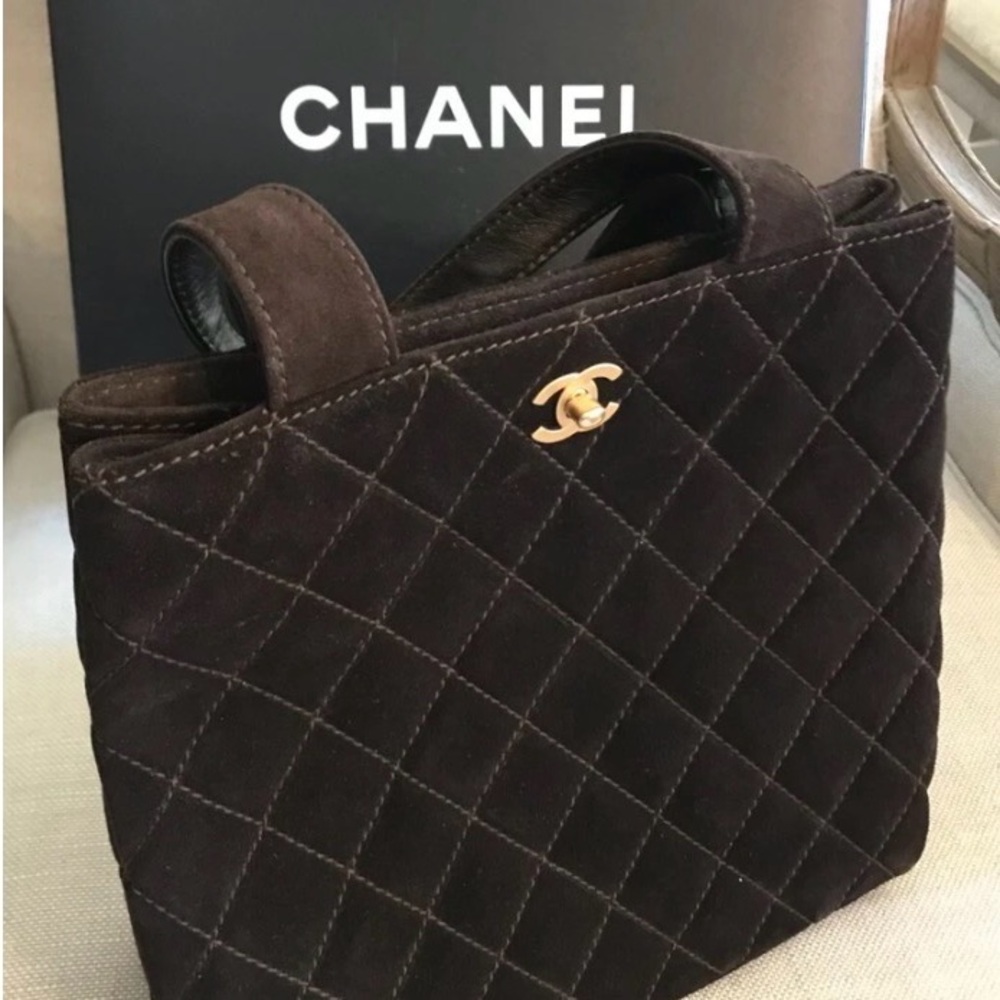 CHANEL Quilted Suede Tote in Dark Brown with Gold CC